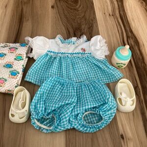 Cabbage Patch Kids  Vtg Teal Gingham Dress Bloomers Bottle Diaper Shoes